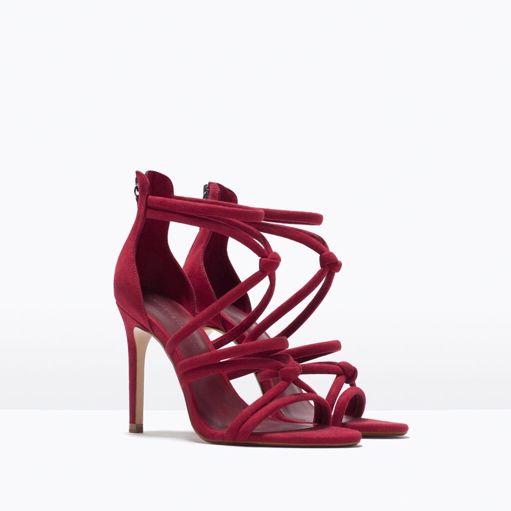 NWT Zara Red Knotted Faux Suede High Heel Sandals - Picture 3 of 6